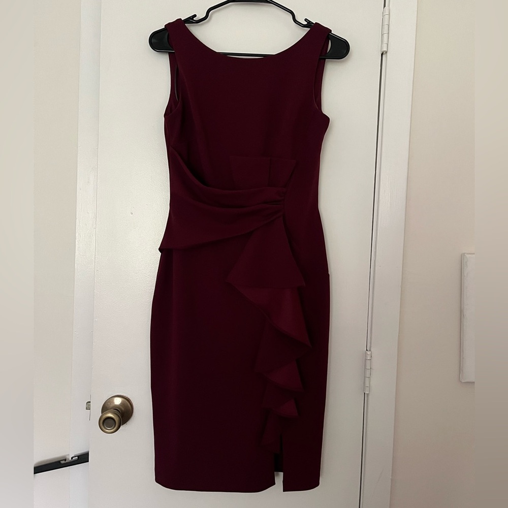 Betsy Adam Sleeveless Burgundy Ruffle Business Dress